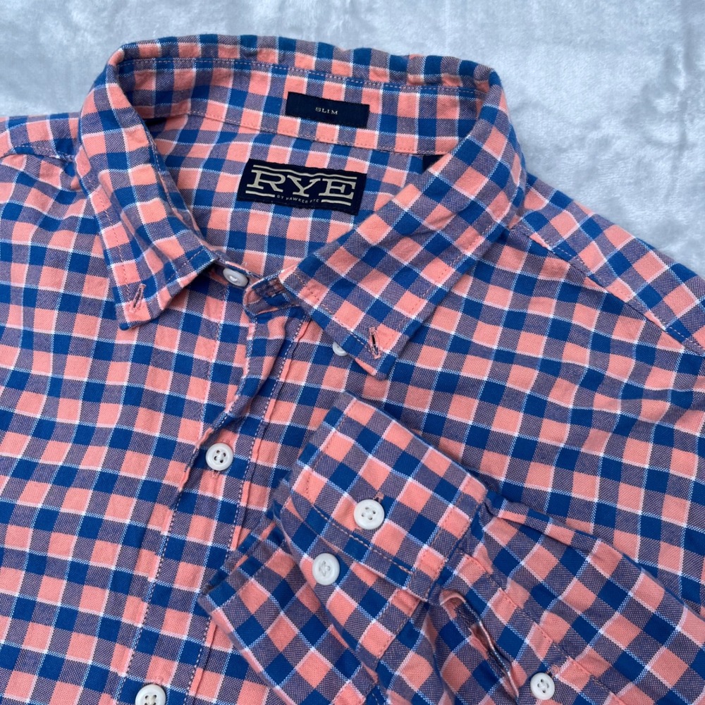 Hawker Rye Mens Slim Tall L Gingham Button Down Shirt Pink Blue Cotton Long Slee